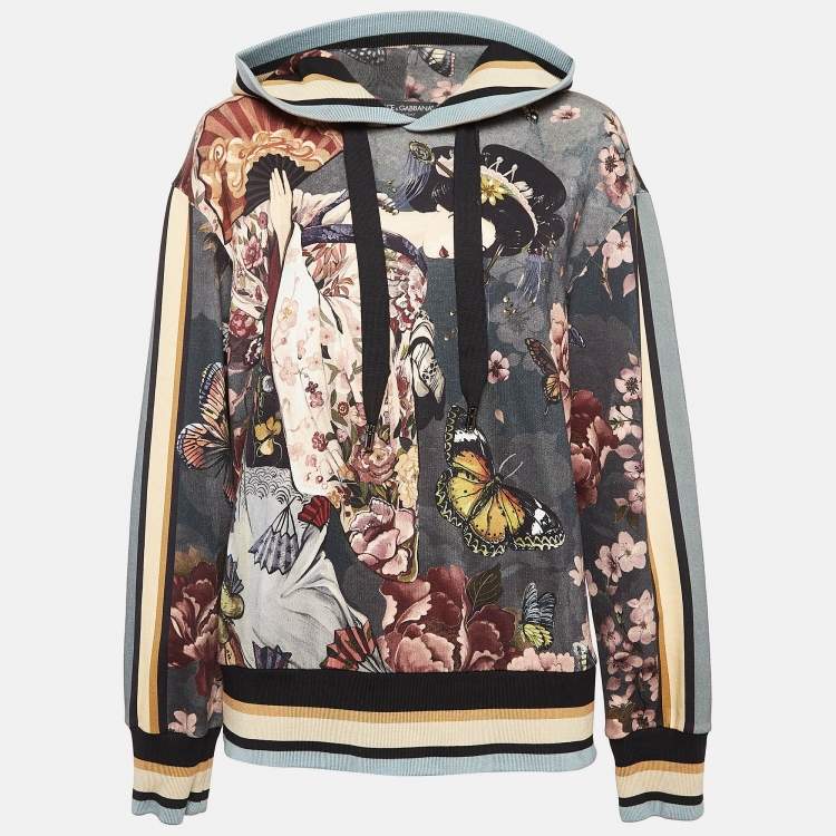 Pre Owned Dolce & Gabbana Grey Printed Cotton Knit Hoodie L