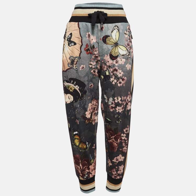 Pre Owned Dolce & Gabbana Grey Floral Print Cotton Joggers L