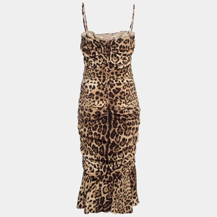 Pre Owned Dolce & Gabbana Leopard Print Stretch Silk Ruched Midi Dress M