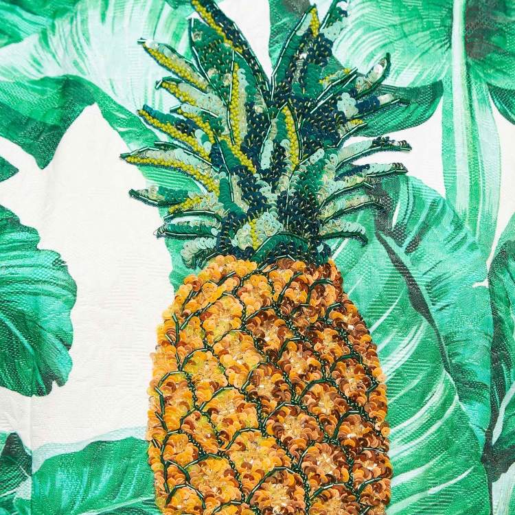 Pre Owned Dolce & Gabbana Green Banana Leaf Cotton Pineapple Embellished Short Dress M