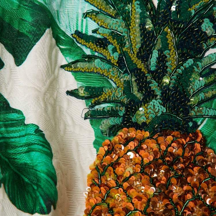 Pre Owned Dolce & Gabbana Green Banana Leaf Cotton Pineapple Embellished Short Dress M