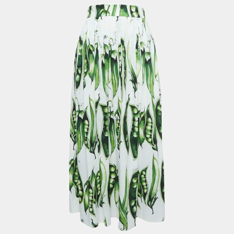 Pre Owned Dolce & Gabbana White/Green Peas Print Cotton Midi Skirt L