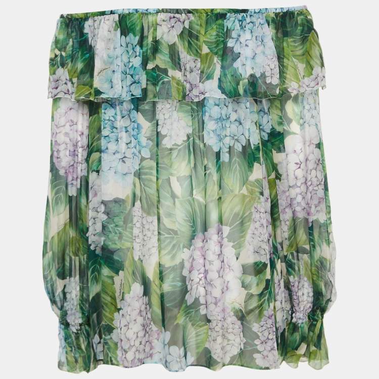 Pre Owned Dolce & Gabbana Green Hydrangea Print Silk Off-Shoulder Top M