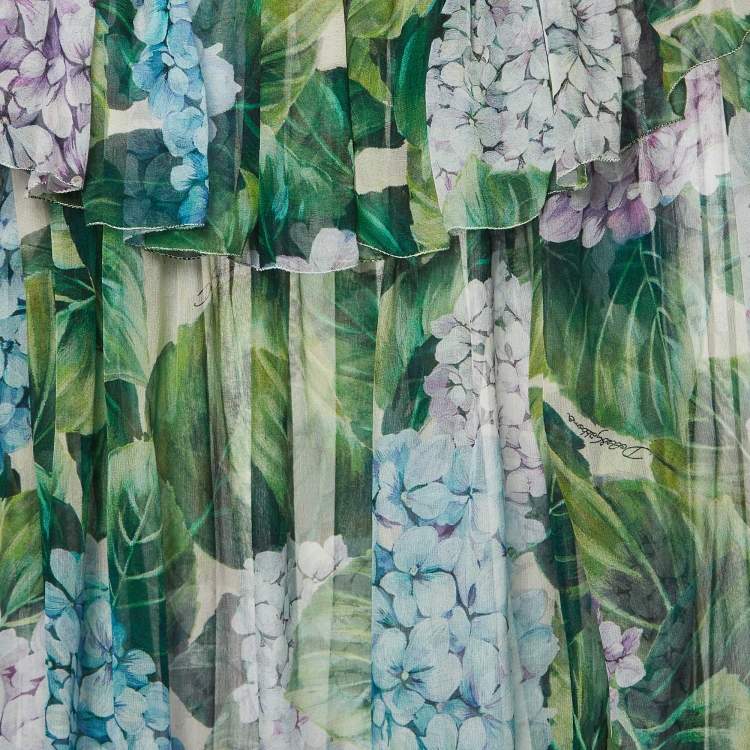 Pre Owned Dolce & Gabbana Green Hydrangea Print Silk Off-Shoulder Top M