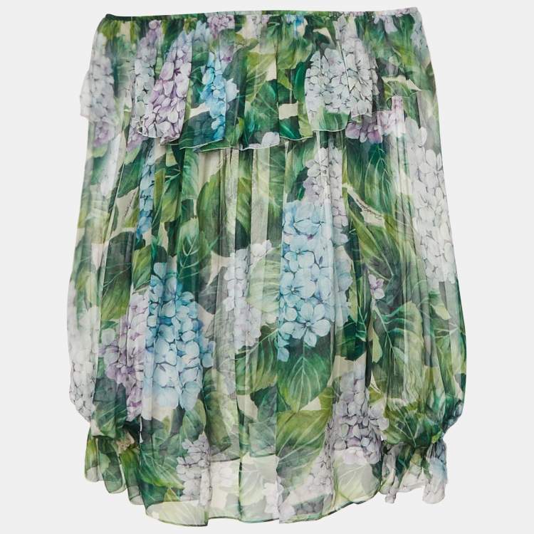 Pre Owned Dolce & Gabbana Green Hydrangea Print Silk Off-Shoulder Top M