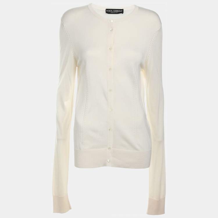 Pre Owned Dolce & Gabbana Cream Silk Knit Button Front Cardigan L