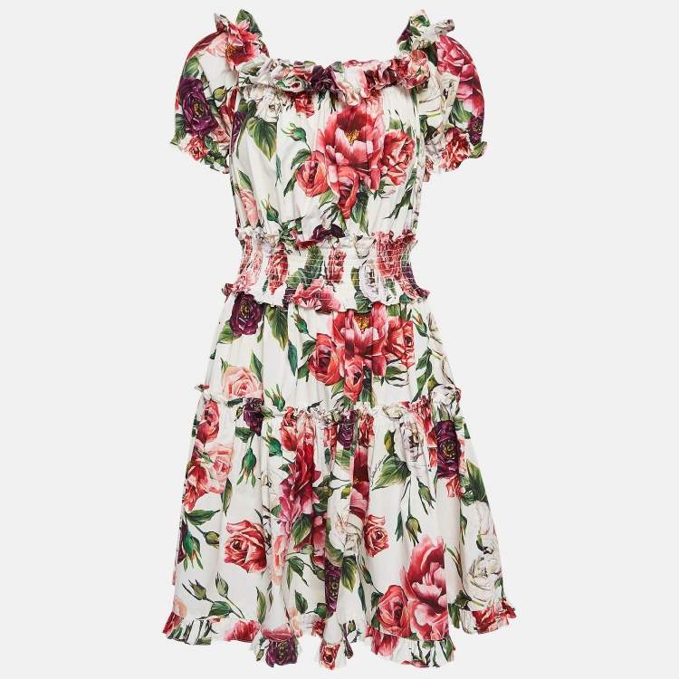 Pre Owned Dolce & Gabbana White Floral Print Cotton Ruffled Dress L