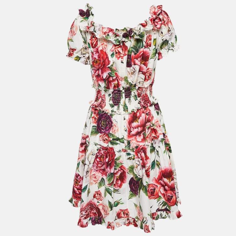 Pre Owned Dolce & Gabbana White Floral Print Cotton Ruffled Dress L