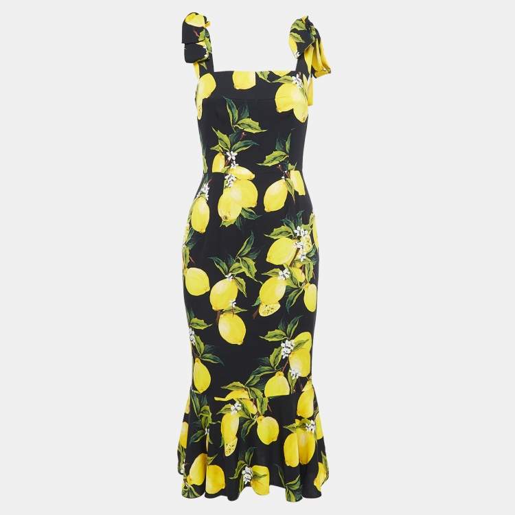 Pre Owned Dolce & Gabbana Black Lemon Print Silk Sleeveless Midi Dress M
