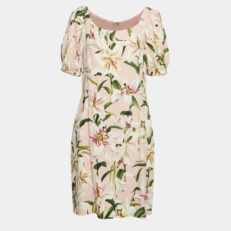 Pre Owned Dolce & Gabbana Pink Lily Print Crepe Mini Dress XL