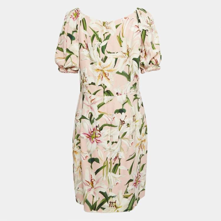 Pre Owned Dolce & Gabbana Pink Lily Print Crepe Mini Dress XL