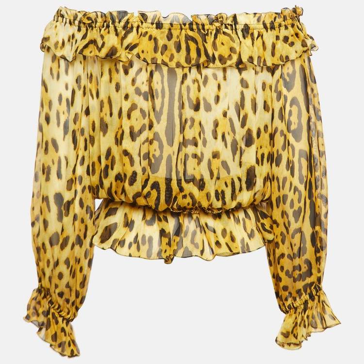 مملوكة مسبقًا Dolce & Gabbana Yellow Leopard Print Silk Off-Shoulder Top M