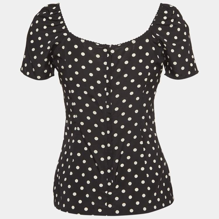 Pre Owned Dolce & Gabbana Black Polka Dots Print Silk Sweetheart Neck Top S