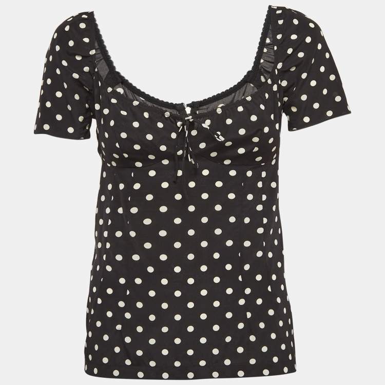 Pre Owned Dolce & Gabbana Black Polka Dots Print Silk Sweetheart Neck Top S