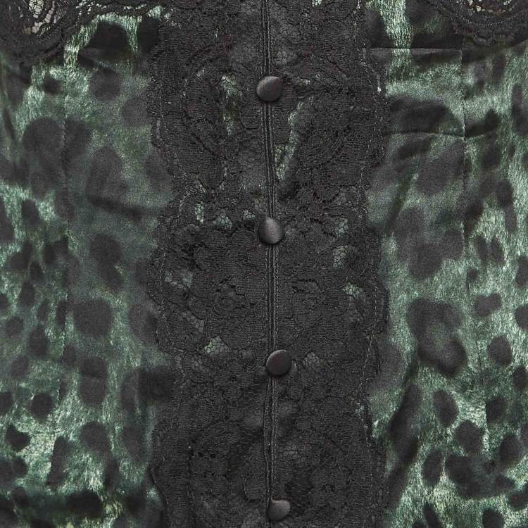 Pre Owned Dolce & Gabbana Green Leopard Print Lace Trim Stretch Satin Camisole Top S