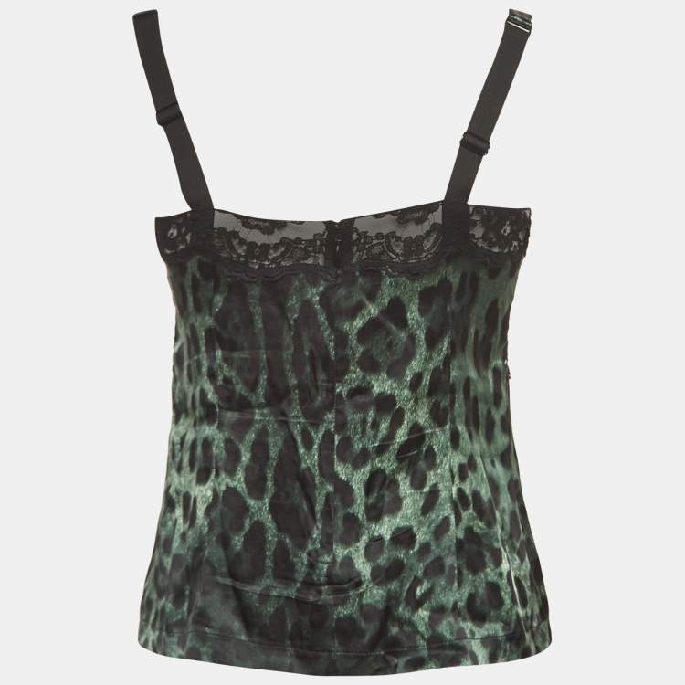 Pre Owned Dolce & Gabbana Green Leopard Print Lace Trim Stretch Satin Camisole Top S