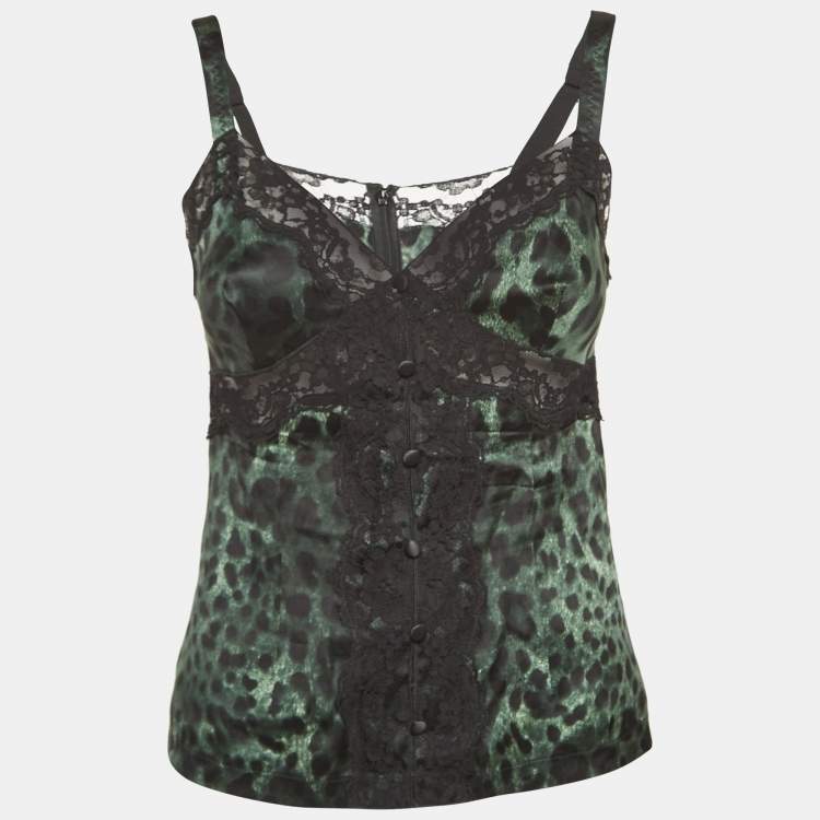 Pre Owned Dolce & Gabbana Green Leopard Print Lace Trim Stretch Satin Camisole Top S