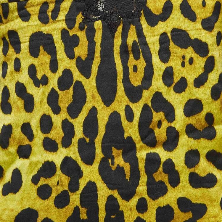 Pre Owned Dolce & Gabbana Yellow Leopard Print Stretch Satin and Lace Camisole Top M