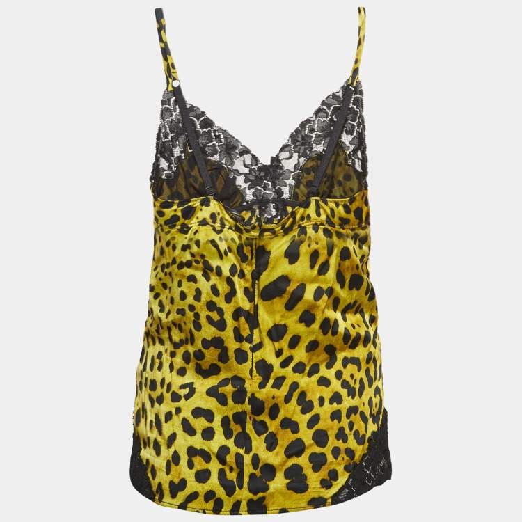 Pre Owned Dolce & Gabbana Yellow Leopard Print Stretch Satin and Lace Camisole Top M