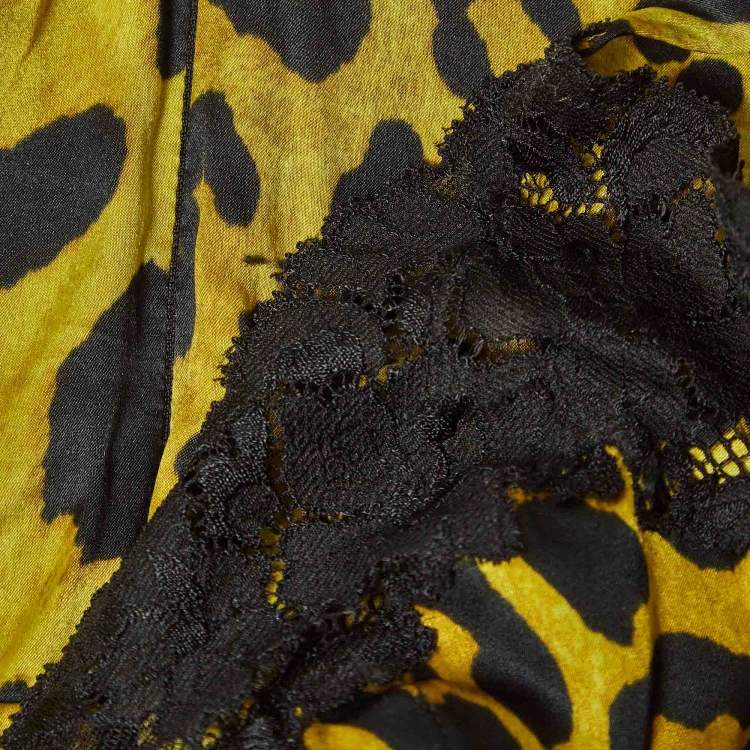 Pre Owned Dolce & Gabbana Yellow Leopard Print Stretch Satin and Lace Camisole Top M
