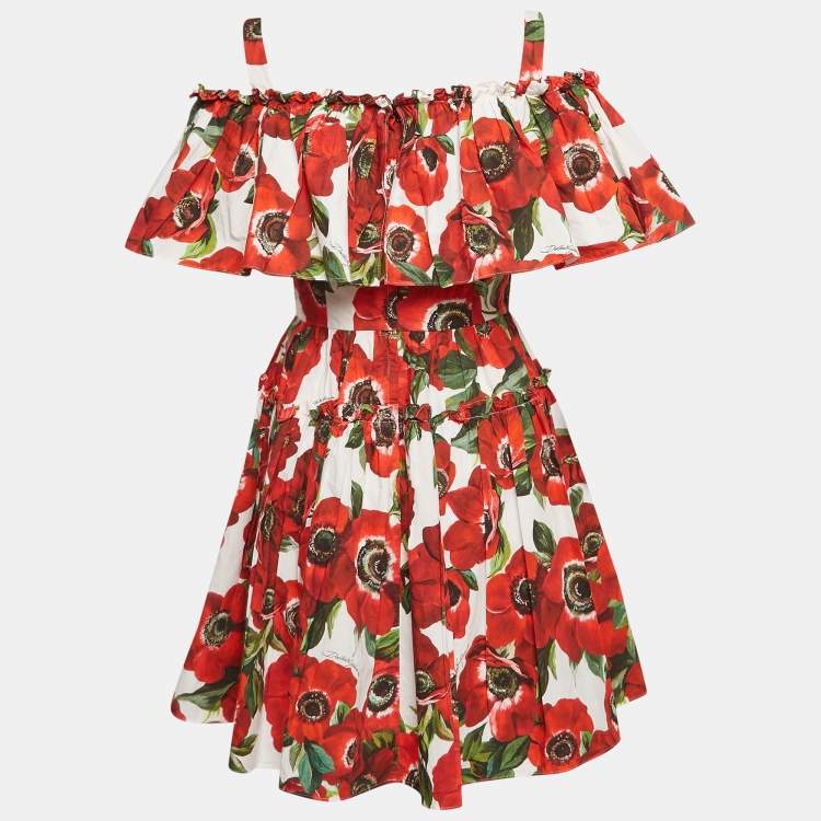 مملوكة مسبقًا Dolce & Gabbana Red Floral Print Poplin Tiered Short Dress S