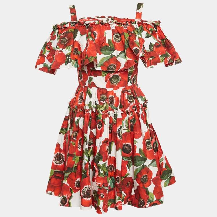 مملوكة مسبقًا Dolce & Gabbana Red Floral Print Poplin Tiered Short Dress S
