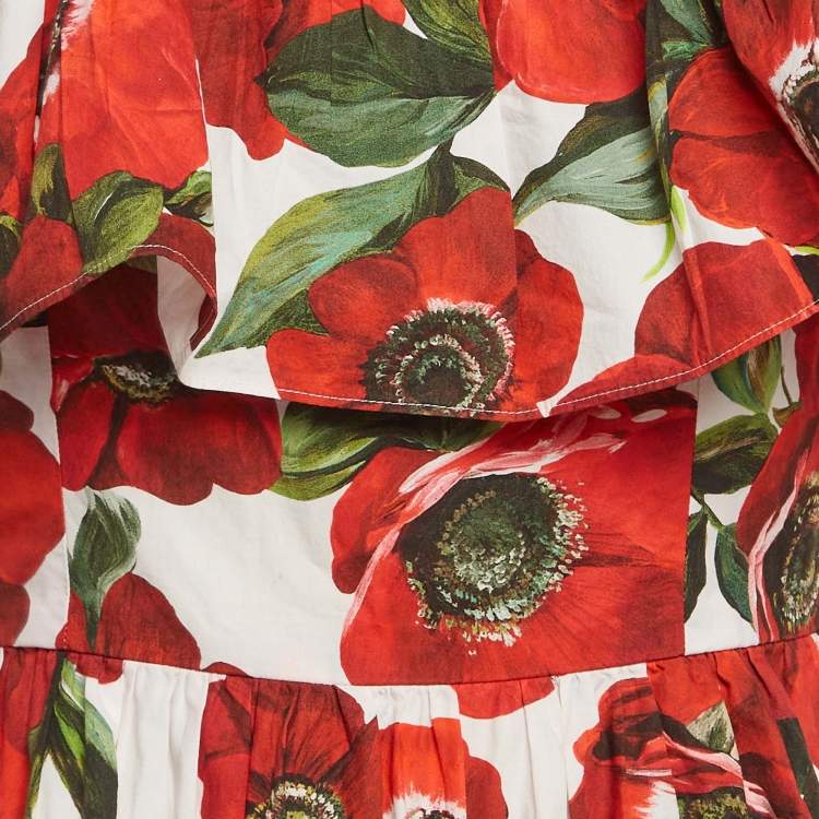 مملوكة مسبقًا Dolce & Gabbana Red Floral Print Poplin Tiered Short Dress S