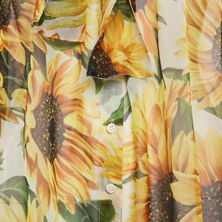 Pre Owned Dolce & Gabbana Yellow Floral Print Button Front Tie-Up Neck Blouse S