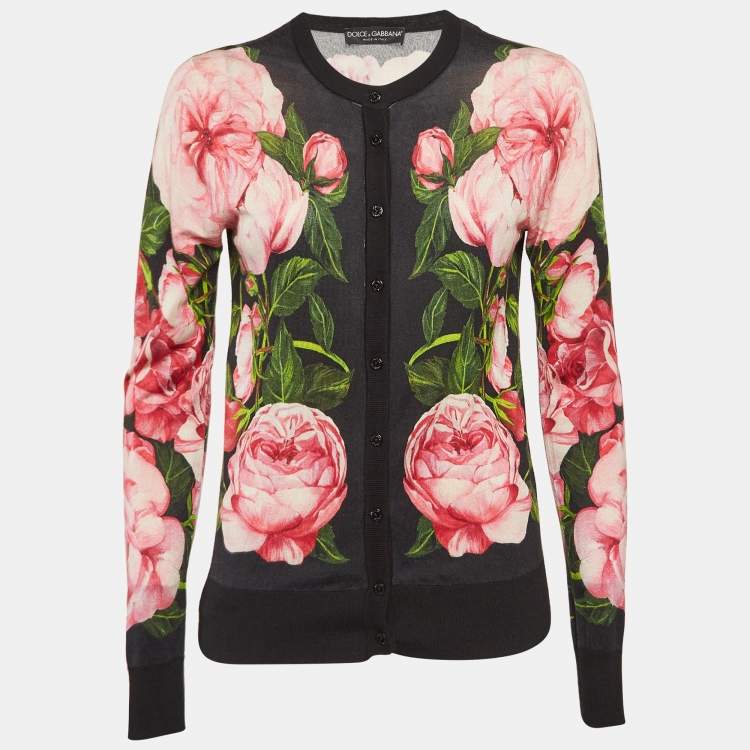 Pre Owned Dolce & Gabbana Black Floral Print Knit Button Front Cardigan S