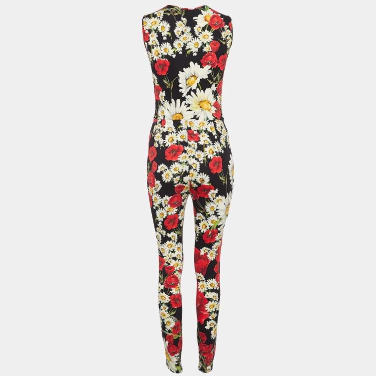 Pre Owned Dolce & Gabbana Black Floral Print Jersey Catsuit Jumpsuit S