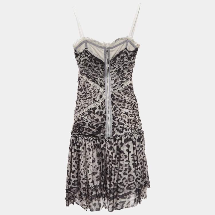 مملوكة مسبقًا Dolce & Gabbana Grey Leopard Print Silk Ruched Midi Dress M
