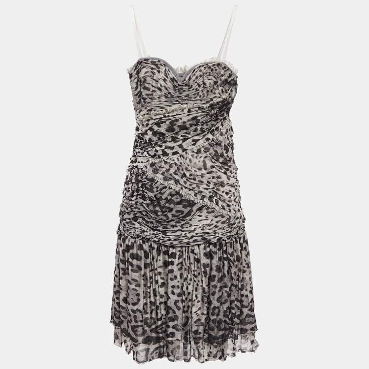 مملوكة مسبقًا Dolce & Gabbana Grey Leopard Print Silk Ruched Midi Dress M