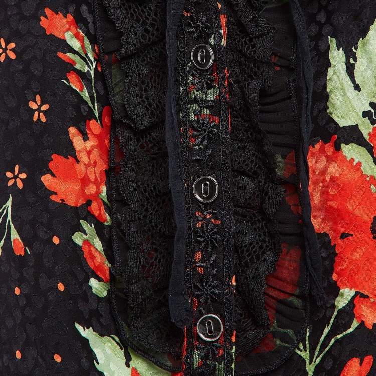 مملوكة مسبقًا Dolce & Gabbana Black Floral Print Satin Ruffled Shirt M