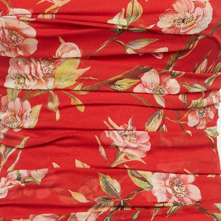 Pre Owned Dolce & Gabbana Red Silk Floral Print Ruched Sleeveless Dress S