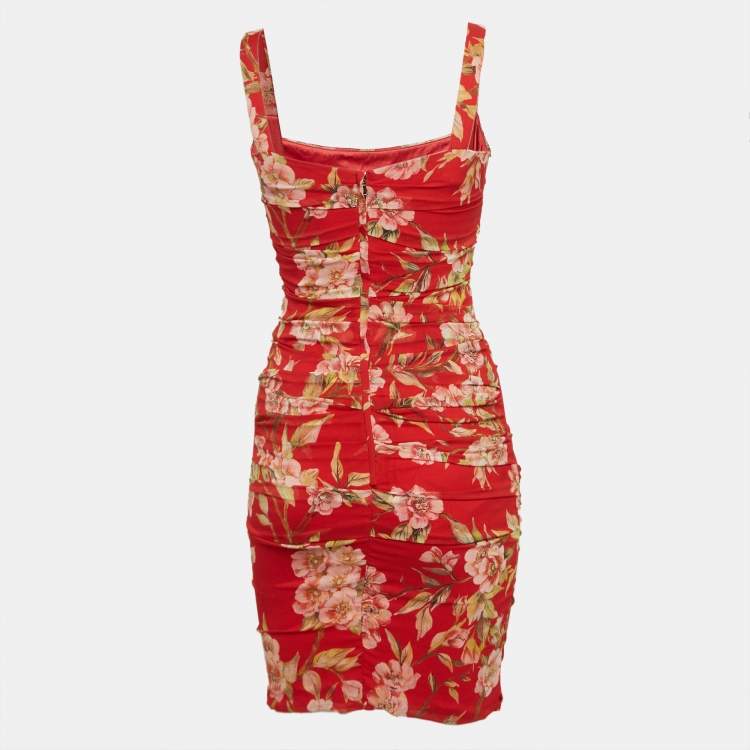 Pre Owned Dolce & Gabbana Red Silk Floral Print Ruched Sleeveless Dress S