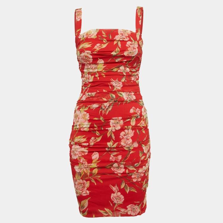 Pre Owned Dolce & Gabbana Red Silk Floral Print Ruched Sleeveless Dress S