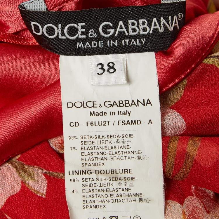 Pre Owned Dolce & Gabbana Red Silk Floral Print Ruched Sleeveless Dress S