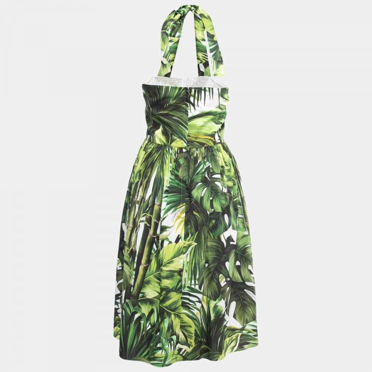 Pre Owned Dolce & Gabbana Green Leaves Print Cotton Halter Neck Short Dress M