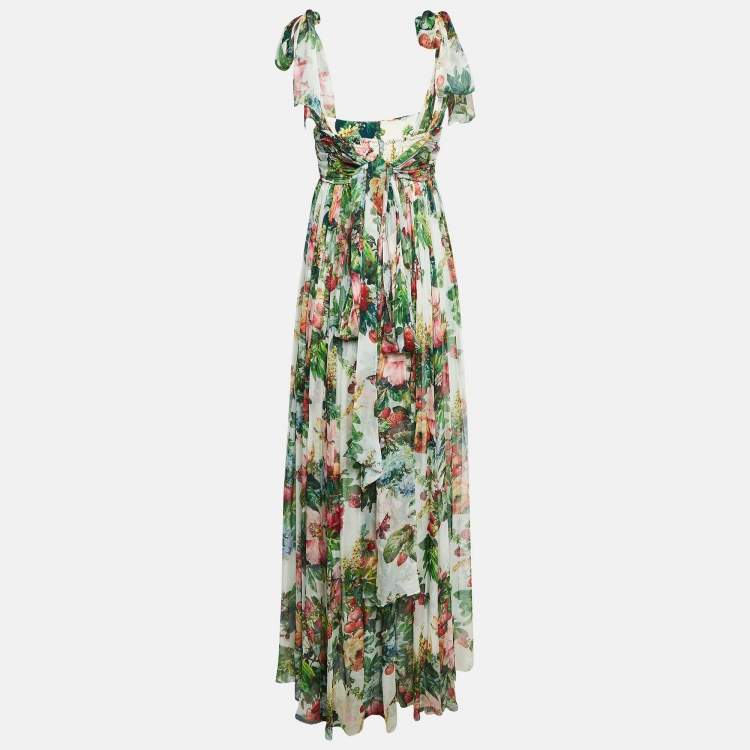 Pre Owned Dolce & Gabbana Green Floral Print Chiffon Silk Waist Tie Detail Maxi Dress S