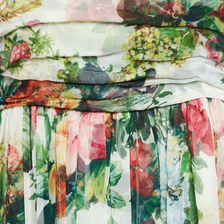Pre Owned Dolce & Gabbana Green Floral Print Chiffon Silk Waist Tie Detail Maxi Dress S