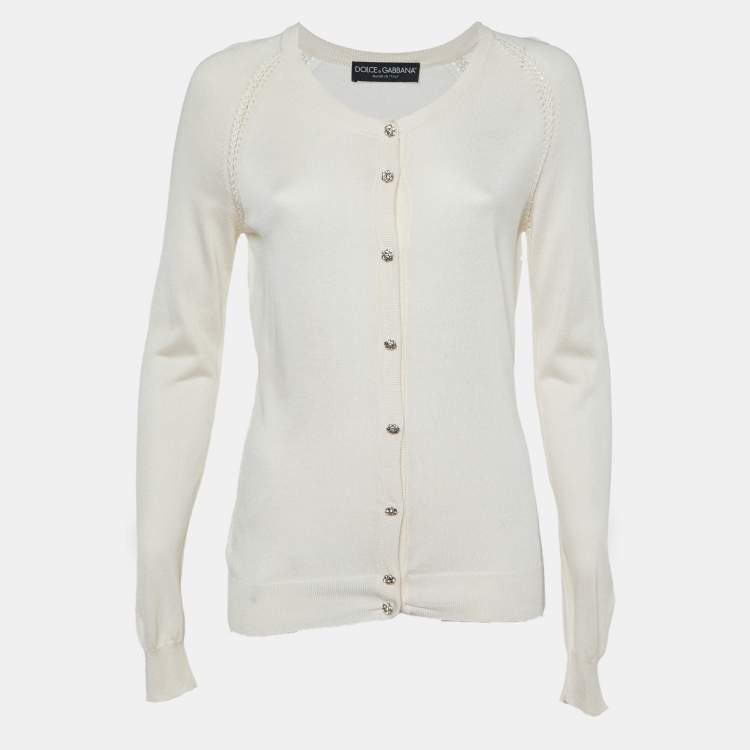 Pre Owned Dolce & Gabbana Cream Silk Knit Crystal Button Front Cardigan L