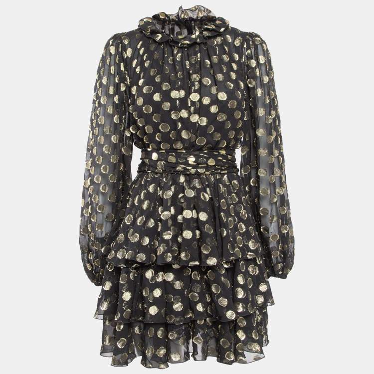 Pre Owned Dolce & Gabbana Black Polka Dot Silk Brocade Tie-Up Waist Mini Dress M