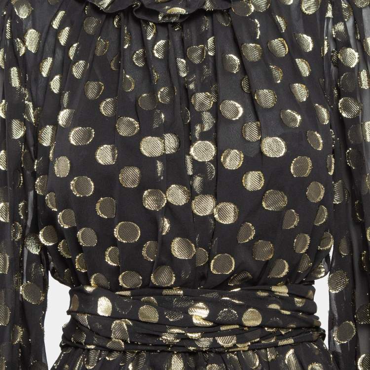 Pre Owned Dolce & Gabbana Black Polka Dot Silk Brocade Tie-Up Waist Mini Dress M