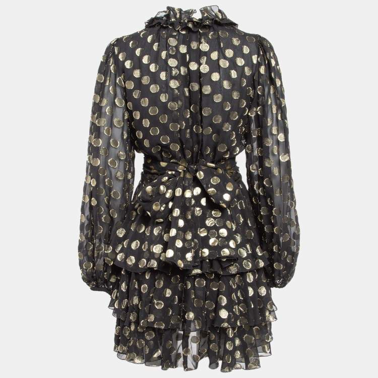 Pre Owned Dolce & Gabbana Black Polka Dot Silk Brocade Tie-Up Waist Mini Dress M