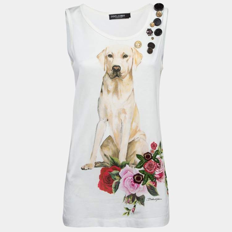 مملوكة مسبقًا Dolce & Gabbana White Dog-Floral Print and Embellished Cotton Tank Top S