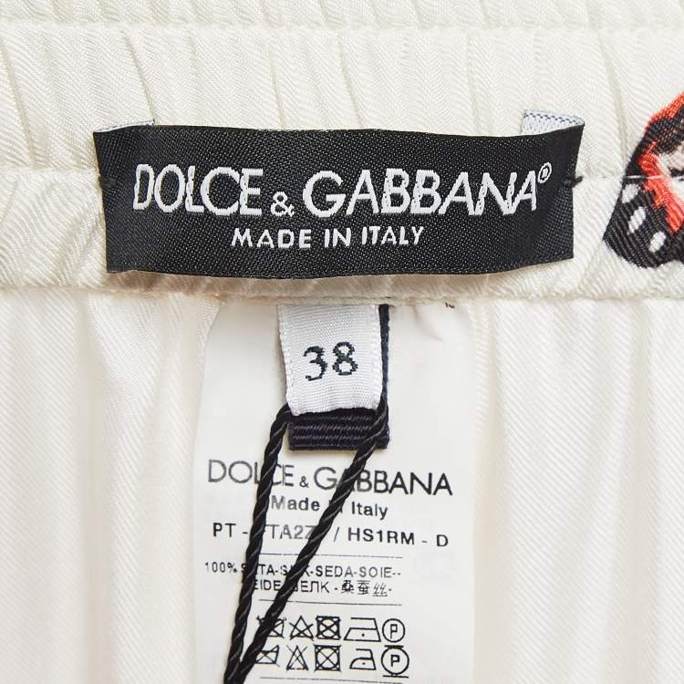 Pre Owned Dolce & Gabbana White Printed Silk Satin Pants S