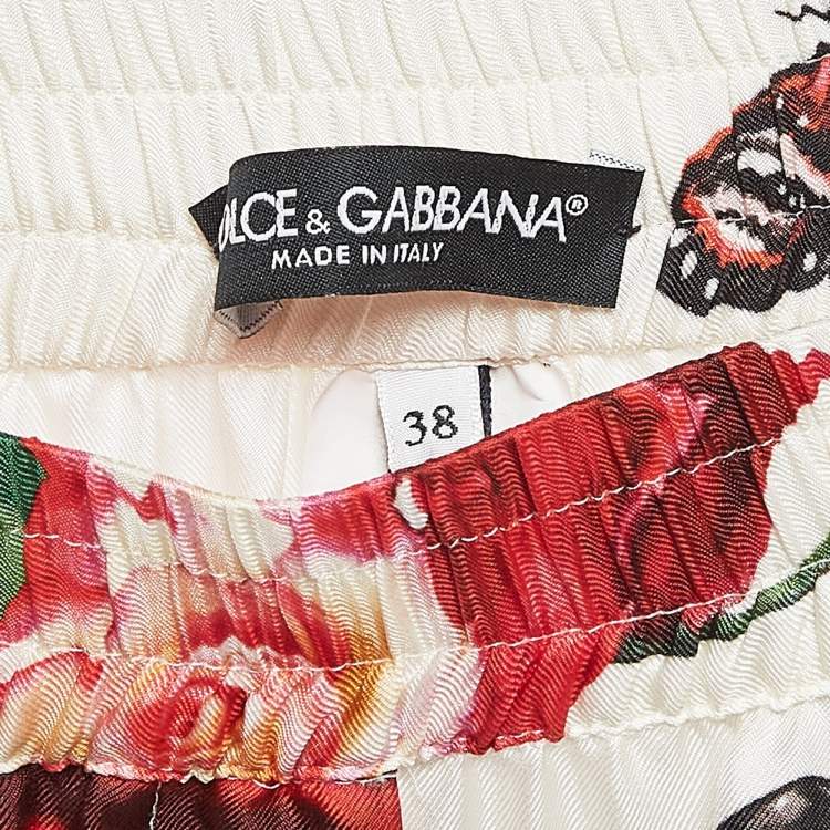 Pre Owned Dolce & Gabbana White Printed Silk Satin Pants S