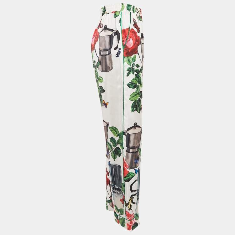 Pre Owned Dolce & Gabbana White Printed Silk Satin Pants S