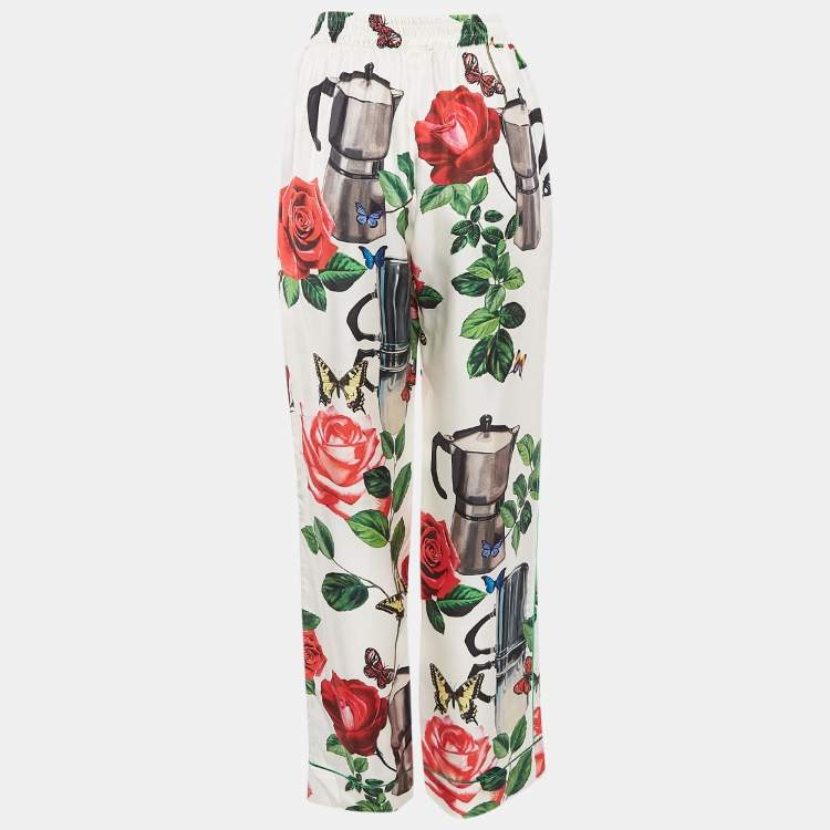 Pre Owned Dolce & Gabbana White Printed Silk Satin Pants S