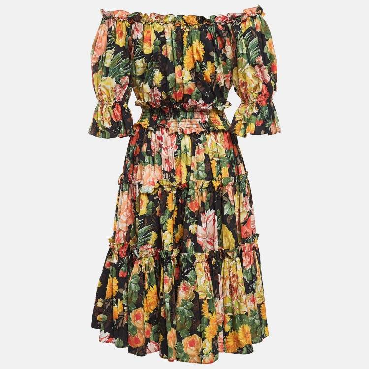 مملوكة مسبقًا Dolce & Gabbana Black Floral Print Cotton Tiered Midi Dress S